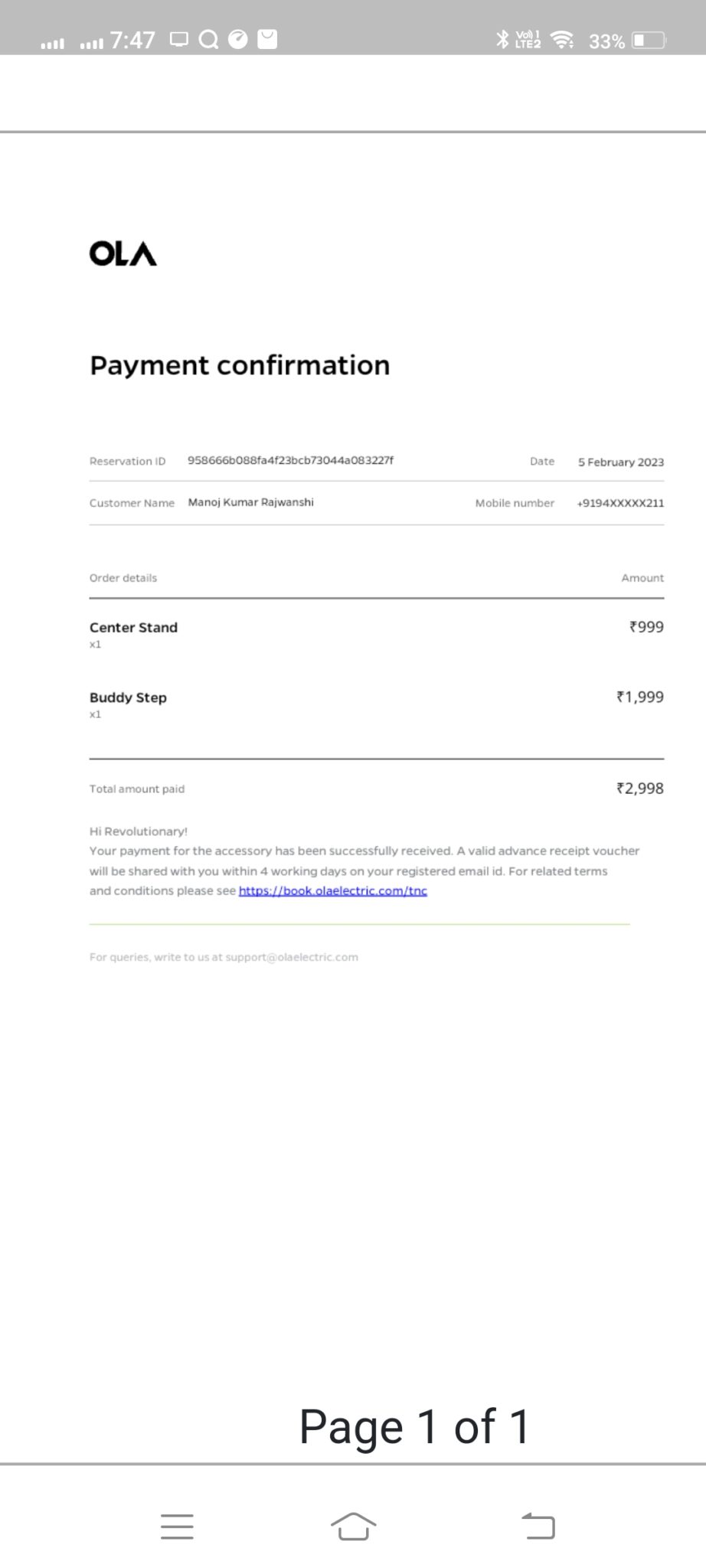 Non Delivery of Accessory ” Buddy Step, Center Stand” by OLA Electric