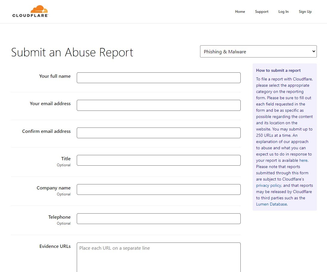 cloudflare phishing abuse complaint form